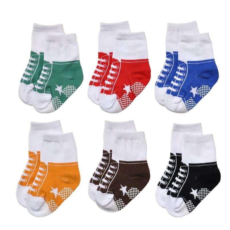 EPEIUS Unisex Baby Girls Boys Non-Slip Socks Like Shoes 12-36 Months (Set of 6),Black/White/Blue/Yellow/Brown/Green - Image 1